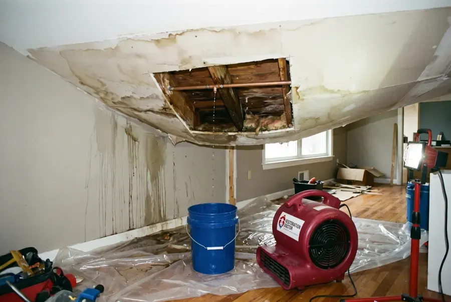 Water-stained ceiling with sagging drywall from a leak in Aurora