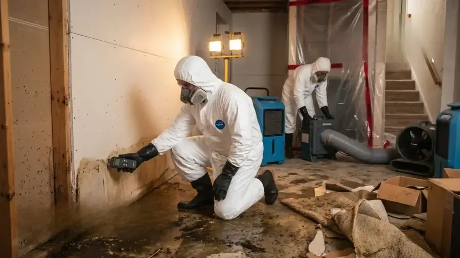 Technician in a protective suit cleaning a sewage backup in Aurora