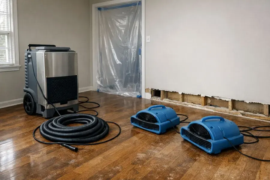 Air movers and a dehumidifier drying an opened wall in Aurora, CO