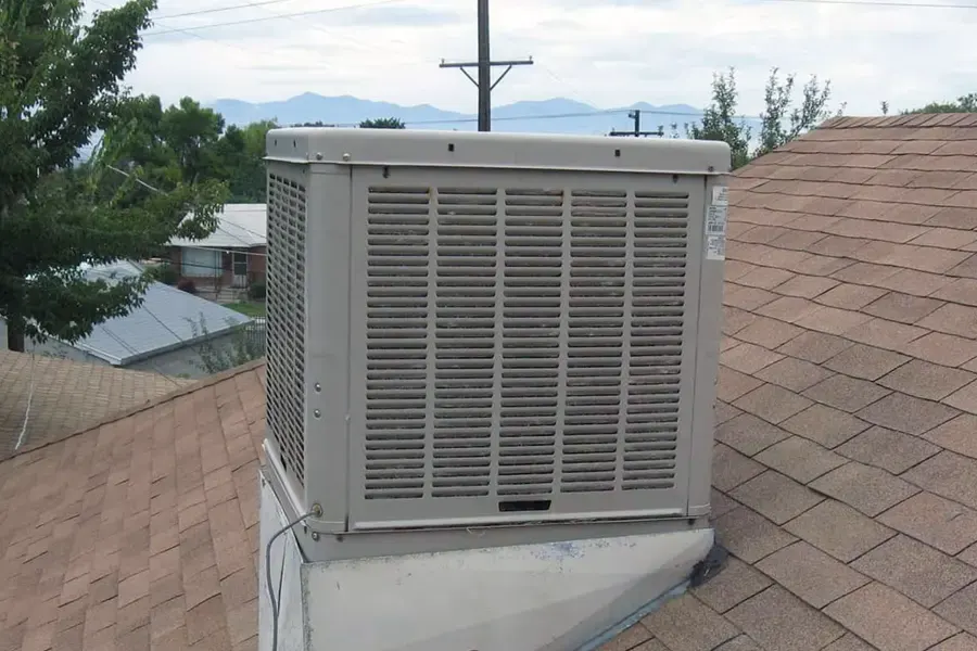 Rooftop evaporative cooler on a Front Range home in Aurora