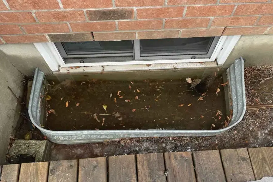 Rain and melt water pooled in a basement window well in Aurora